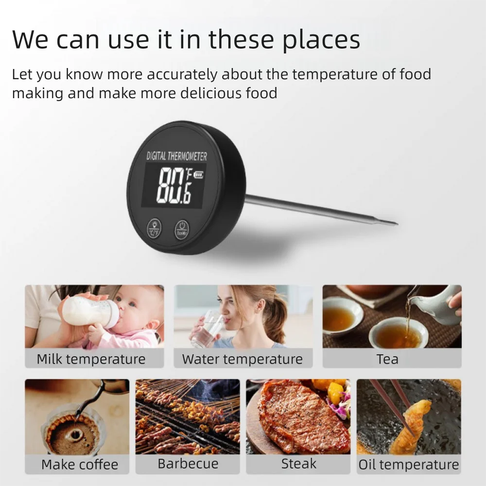 Digital instant thermometer with a black round probe and LCD display, shown on a light gray background with promotional text and small usage examples for milk, water, tea, coffee, barbecue, steak, and oil temperature.