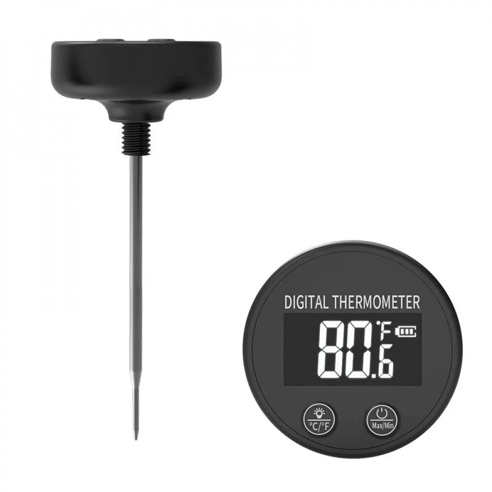 Digital thermometer probe with a round black display showing 80.6°F and a long metal probe, shown on a plain white background.