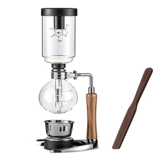 Siphon coffee maker with wooden handle and glass container on a white background, featuring MHW-3BOMBER branding.