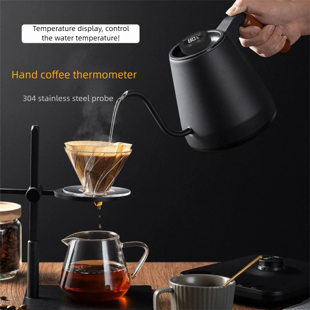 A hand coffee thermos with a gooseneck kettle pouring hot water into a pour-over coffee dripper. The setup includes a glass carafe, a ceramic mug, and a digital scale on a dark background with product feature text overlays.