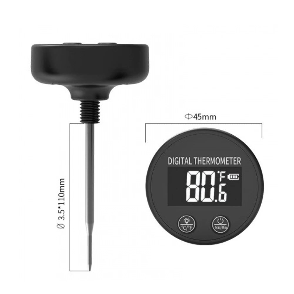 Digital probe thermometer shown on a white background with dimension labels. The thermometer has a black round display face, a black handle, and a long metal probe.